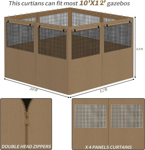10x12 Gazebo Curtains With Mosquito Mesh Window Four Panels Side Wall Zipper 2 In 1 Privacy No Fuss Universal Replacement
