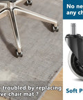 Close-up of 3 Inch Rubber Chair Casters Replacement Set Of 5 With Universal 11mm Stem For Most Office Chairs on a rug and chair legs.