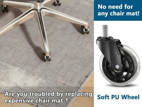 Close-up of 3 Inch Rubber Chair Casters Replacement Set Of 5 With Universal 11mm Stem For Most Office Chairs on a rug and chair legs.