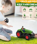 Child playing with Remote Control Tractor Toy for Kids 3 to 5, RC Tractor With Lights and Farmer, 1 to 24 Scale, on grass