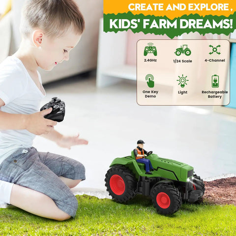 Child playing with Remote Control Tractor Toy for Kids 3 to 5, RC Tractor With Lights and Farmer, 1 to 24 Scale, on grass