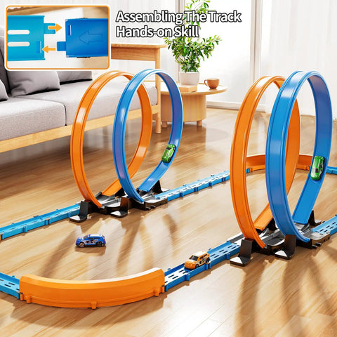 Epic Car Race Track Set for Kids Ages 3 To 12 With 45 Track Pieces And 4 Small Cars Dual Loop Tracks For Competitive Racing Perfect Gift For Boys And Girls on hardwood floor