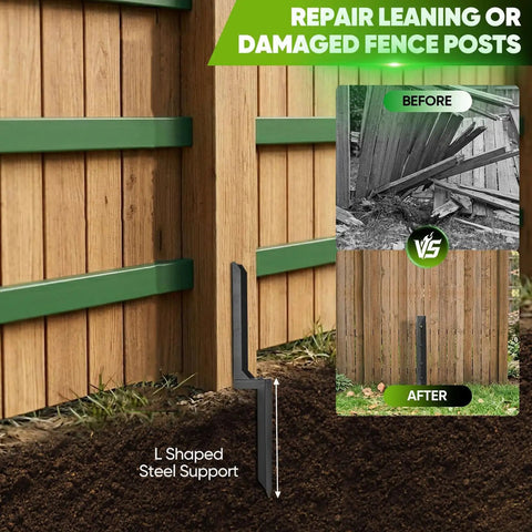 Heavy Duty Steel Fence Post Anchor Kit With 12 Ground Spikes To Fix Rotted Or Tilted Wooden Posts Fast Using Tough As Nails H Pile Stabilizer, L-shaped steel support installed beside wooden fence