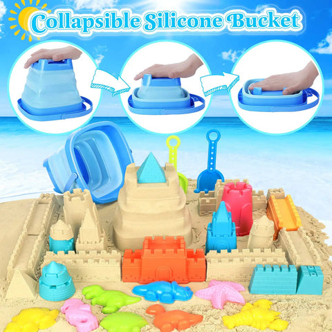 Packable Beach Toys For Kids And Tots 22 Piece Sand Set With Foldable Bucket, castle molds, dinosaurs, and sea animals on sand