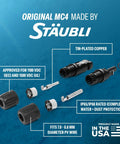 MC4 PV Solar Panel Cable Connector Pair For 8 AWG Solar Cables Made In USA with locking mechanism and tin-plated copper parts.