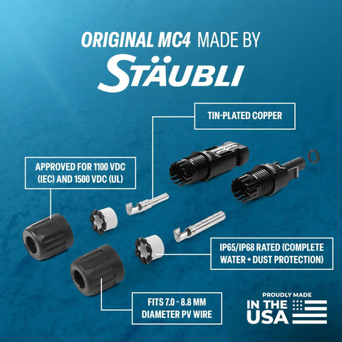 MC4 PV Solar Panel Cable Connector Pair For 8 AWG Solar Cables Made In USA with locking mechanism and tin-plated copper parts.