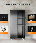 72 Inch Garage Storage Cabinet With Lockable File Cabinet And Tool Organizer, Heavy Duty Steel Storage Solution For Garage Workshop Or Home Office, Massive Capacity To Store Tools Hardware And Supplies, Keeps Everything Secure And Neat. Steel cabinet open with lockable handle, casters, and shelves