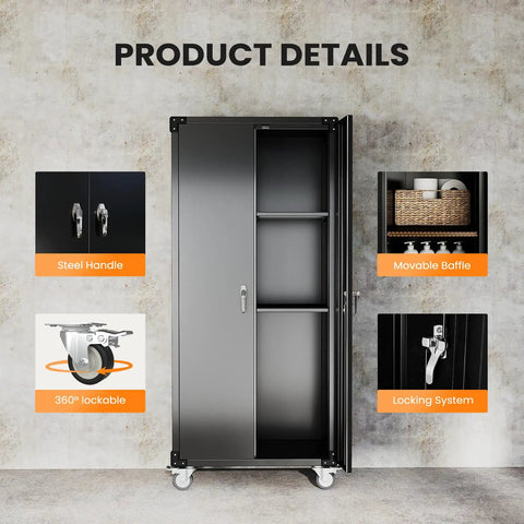 72 Inch Garage Storage Cabinet With Lockable File Cabinet And Tool Organizer, Heavy Duty Steel Storage Solution For Garage Workshop Or Home Office, Massive Capacity To Store Tools Hardware And Supplies, Keeps Everything Secure And Neat. Steel cabinet open with lockable handle, casters, and shelves