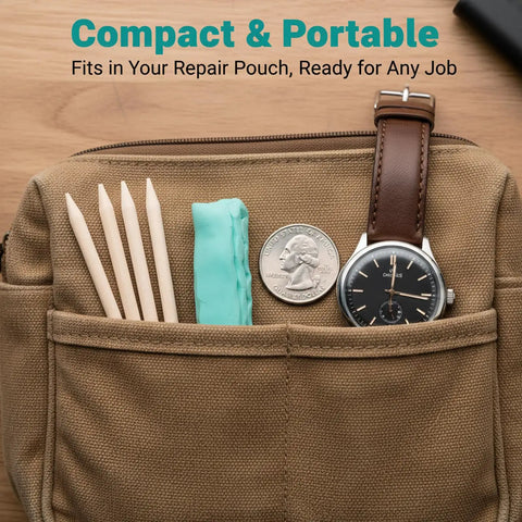 Watch Cleaning Putty With 5 Assist Sticks shown in a pouch with a watch and quarter for scale.