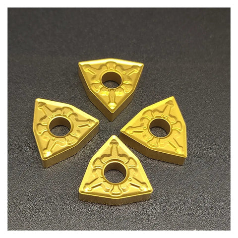 Top Rated 10 Pcs Carbide Turning Indexable Inserts For External Lathe Tools Includes WNMG080404 And WNMG080408 Grades With T9125 Material For Heavy Milling Jobs That Last Super Long Plus Easy Storage Box Included, four triangular carbide inserts on black background.