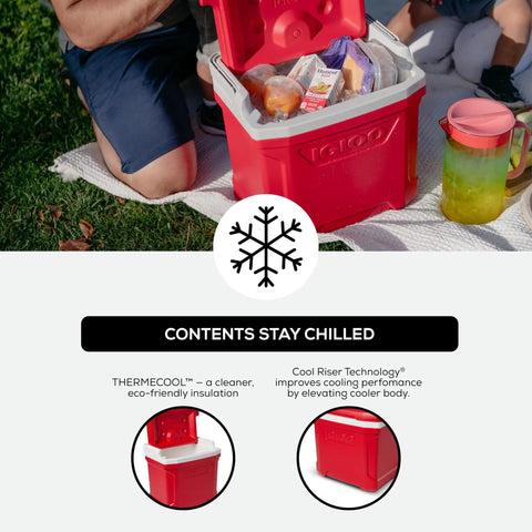 Picnic scene with Profile II 16 Quart Red Cooler With Fold Flat Bail Handle, Cool Riser Technology, open on grass.