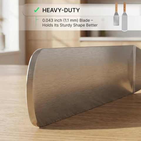 Close-up of Stainless Steel Spatula Set For Griddle And Teppanyaki Long Spatulas with 0.043 inch heavy-duty blade on wooden surface.