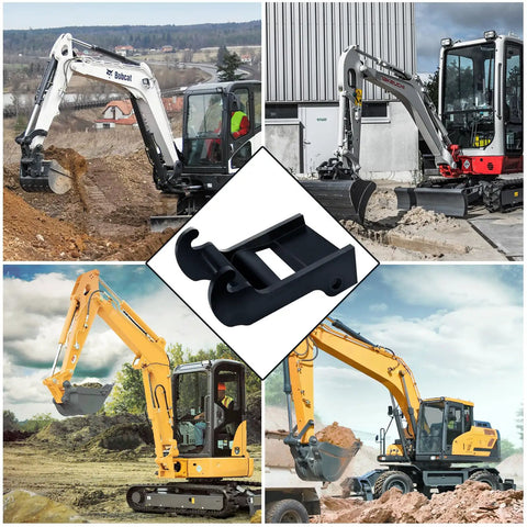 Rock Solid Coupler Bracket for Mini Excavator Quick Attach Mounts Built to Last in Heavy Duty Steel with Black Coating Compatible with Bobcat E Series Buckets and Attachments showing excavators on site