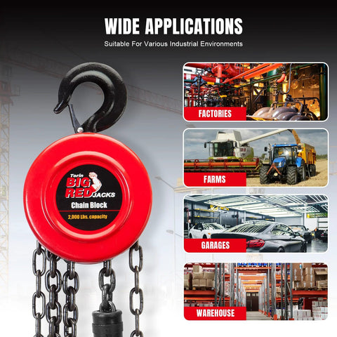 1 Ton Hand Chain Hoist With Mechanical Load Brake, 8 Ft Lift shown with industrial applications in factories, farms, garages, and warehouses.