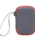 Hard EVA Case For Kids Music Player With Velvet Lining Travel Storage Bag, grey fabric with orange trim, handle strap visible