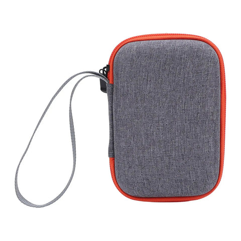 Hard EVA Case For Kids Music Player With Velvet Lining Travel Storage Bag, grey fabric with orange trim, handle strap visible