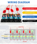 Wiring diagram for Eight Gang Marine Switch Panel Waterproof Pre-Wired Rocker Panel with Blue LED Lights, 12V and 24V DC.