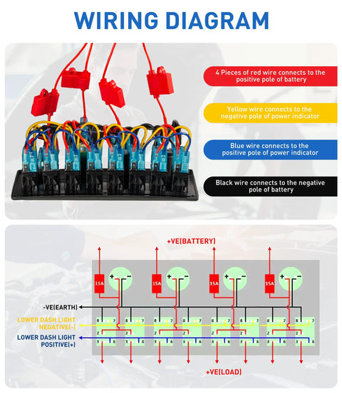 Wiring diagram for Eight Gang Marine Switch Panel Waterproof Pre-Wired Rocker Panel with Blue LED Lights, 12V and 24V DC.