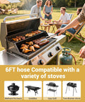 Outdoor grill using Six Foot Propane Regulator Stainless Steel Braided Hose With Propane Tank Gauge And Three Eighths Inch Female Flare Nut, QCC1 Connection For LP Gas Grills, Heaters, And Fire Pit Tables