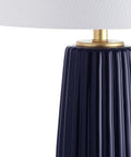 Navy Blue Modern Ceramic Table Lamp 28.5 Inches Tall For Living Room And Bedroom Fluted Bedside Nightstand Light With White Linen Shade And Gold Base