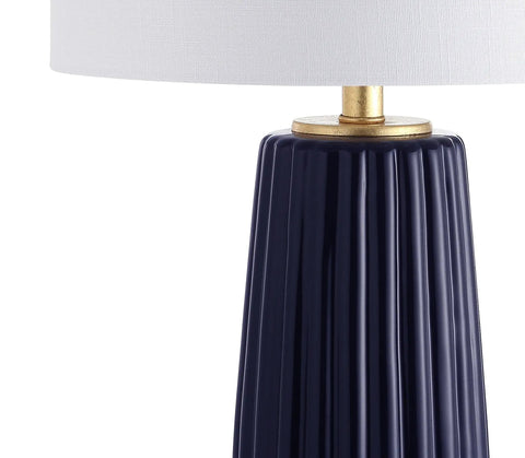 Navy Blue Modern Ceramic Table Lamp 28.5 Inches Tall For Living Room And Bedroom Fluted Bedside Nightstand Light With White Linen Shade And Gold Base