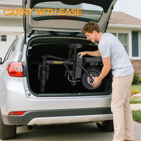 Man placing Compact Folding Electric Bike For Adults With 500W Motor And 20 MPH Top Speed, 14 Inch Wheels into car trunk