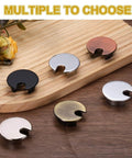 Desk Grommet Set, 2 Pieces, 1.4 Inch Zinc Alloy Round Desk Hole Cover, Cable Organizer For Home Office Computers And Tables, Bronze Finish, 35mm Diameter, Keeps Wires Tidy And Protected shown in multiple color options on wooden surface