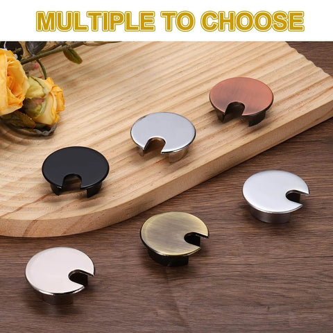 Desk Grommet Set, 2 Pieces, 1.4 Inch Zinc Alloy Round Desk Hole Cover, Cable Organizer For Home Office Computers And Tables, Bronze Finish, 35mm Diameter, Keeps Wires Tidy And Protected shown in multiple color options on wooden surface