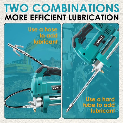 Cordless Grease Gun For Makita 18V Battery, 12000 PSI High Pressure shown with dual hoses for machinery maintenance