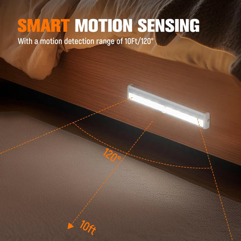 Motion Sensor LED Lights 6 Pack Battery Operated With 10 LEDs Per Bar under bed, motion detection range 10ft/120 degrees.
