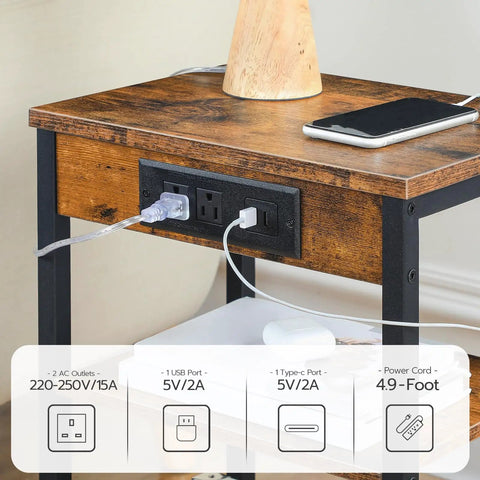 Space Saver Side Table With Built In Charging Station And USB Type C Port 3 Tier Nightstand detail of outlets and ports