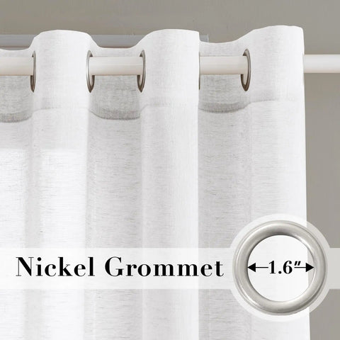 White Linen Sheer Curtains For Living Room Cozy Farmhouse Style Flax Linen Blend Light Filtering Privacy Drapes 52 Wide By 84 Long Set Of 2 Grommet Panels Pure White with nickel grommet detail