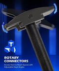 Close-up of rotary connectors with adjustable head angles on a tool for hard-to-reach spaces, featuring a threaded rod.