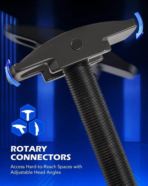 Close-up of rotary connectors with adjustable head angles on a tool for hard-to-reach spaces, featuring a threaded rod.