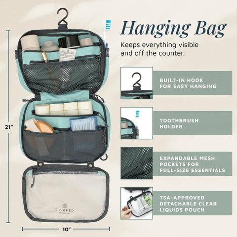 All In One Travel Toiletry Kit Three Piece Set With Hanging Toiletry Bag TSA 311 Liquid Bag And Accessory Organizer Pouch In Dusty Teal