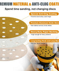 Premium 17 Hole Dust Extraction Sandpaper Discs 6-Inch 60 Grit demonstrating anti-clog coating and hook and loop backing.