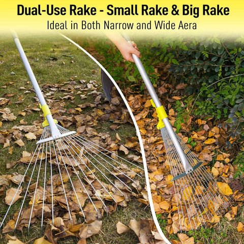 Collapsible yard rake demonstrating narrow and wide 7 to 23 inch head on lawn, with 64 inch adjustable metal handle in use.
