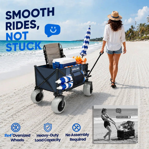 Beast Heavy Duty Beach Wagon With 9x4 All Terrain Sandproof Wheels, 300L Oversized Foldable Cart And Side Bag in use on beach