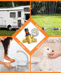 Lead-free brass RV water pressure regulator with color gauge and hand knob; NH-thread reducer with inlet screen.