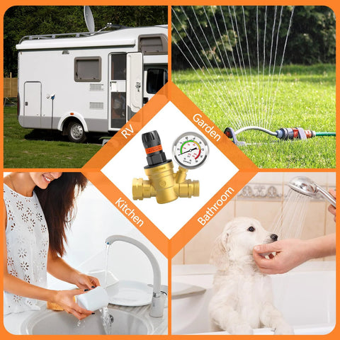 Lead-free brass RV water pressure regulator with color gauge and hand knob; NH-thread reducer with inlet screen.