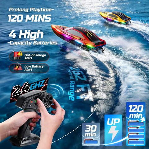 Two Pack Fast RC Boats For Kids With 4x1200mAh Batteries, 120 Minute Run Time, 7 LED Modes, racing on water, remote control