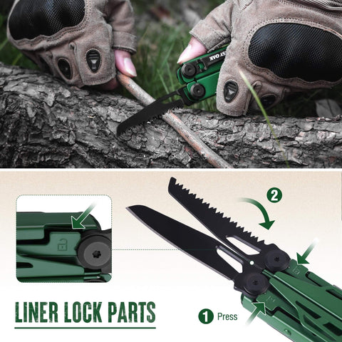 Hands using CNC Machined Multitool Pliers 27 In 1 EDC Tool with knife to cut a branch, showcasing liner lock mechanism.