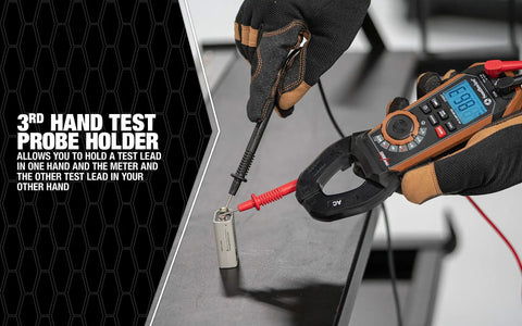 Clamp Meter 400A AC DC True RMS With Hands Free Testing 21530T being used by technician on metal table