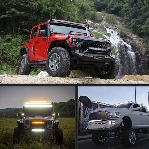 Red and white offroad vehicles equipped with 32 Inch 180W Curved LED Light Bar Offroad Driving Lights With Spot Flood Combo Tough As Nails 16AWG Wiring Harness Kit Waterproof IP67 Long Range Night Vision And Broad View 2 Year Warranty on rugged terrain and urban setting, showcasing powerful lighting and durability.