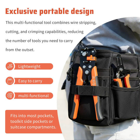 8-Inch Auto Wire Stripper And Cutter For 10-24 AWG Solid And Stranded Wires in tool belt pocket, ergonomic grip visible