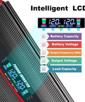 Close-up of Heavy Duty 1500 Watt Power Inverter Straight Up Converts 12 V To 110 V AC For Cars Trucks And Rv, featuring intelligent LCD display.