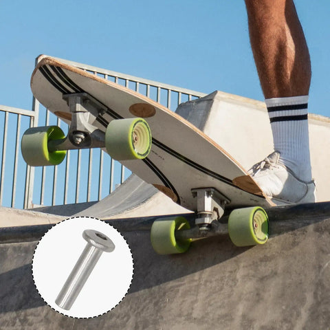 Must Have Inline Skate Wheel Socket Screws Kit 30mm And 35mm Replacement Hardware For Rollerblades With One Installation Tool Eight Piece Set Includes Four 30mm And Four 35mm Socket Screws shown with skate in background.