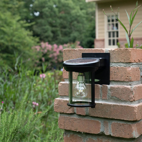 Coach Lantern Solar Outdoor Wall Light Fixture Sconce Black With Dusk To Dawn Lighting And Patented Solar LED Bulb on brick post