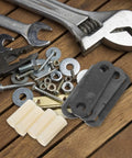 Heavy Duty Suspension Shackle Kit For Tandem Axle Utility Trailers With Nylon Bushings And Steel Long Bolts To Boost Performance, Durability, And Smooth Rides On The Road, parts laid out