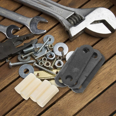 Heavy Duty Suspension Shackle Kit For Tandem Axle Utility Trailers With Nylon Bushings And Steel Long Bolts To Boost Performance, Durability, And Smooth Rides On The Road, parts laid out